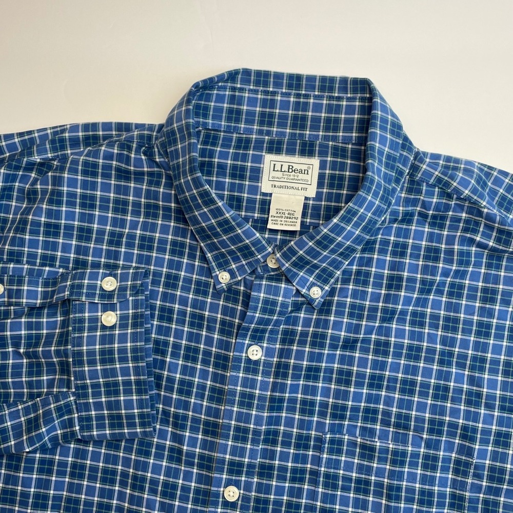 LL Bean Button Down Shirt Mens 3XLT Traditional Fit Blue White Plaid Long Sleeve